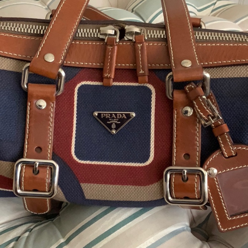 Vintage Prada bag limited edition. Plaid canvas with leather trim. - Picture 3 of 10